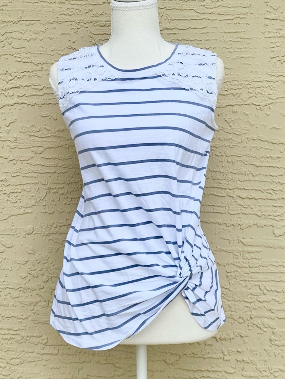 LOFT White & Navy Striped Lace-Trim Knot Tank